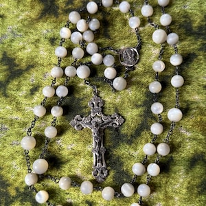 Antique Mother of Pearl Bead Ornate Sterling Silver Rosary Sacred Heart Catholic Religious