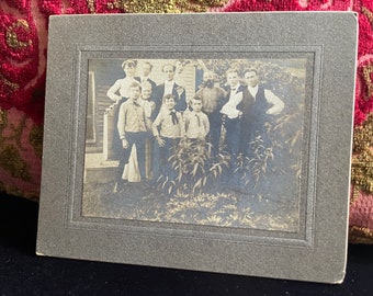 Antique Mounted Sepia Portrait Family Group Photo Outside House