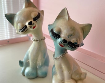 Pair of Vintage Big Eyelash Kitty Cat Figurines Kitschy Cute Mod Mid Century Rare