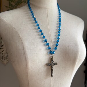 Antique Golgotha Crucifix Cross Skull & Crossbones Pendant Blue Glass Bead Rosary Style Necklace Religious Jewelry