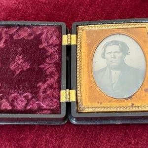 Antique Tintype Photo Portrait of Striking Gentleman in Thermoplastic Hard Case w/ Velvet Interior and Interesting Motif