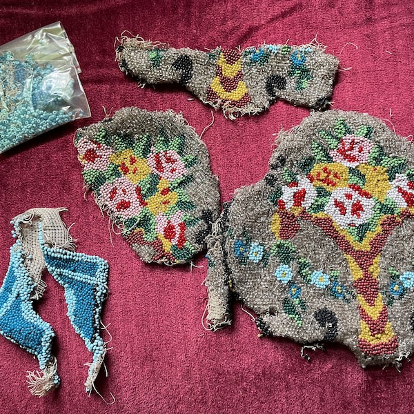 Antique Hand-stitched Beadwork Pieces & Extra Beads