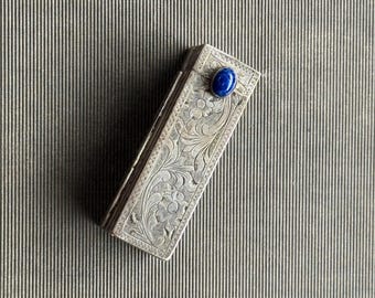 Antique Vintage Ornate Silver 800 Lapis Lazuli Italian Lipstick Holder with Mirror