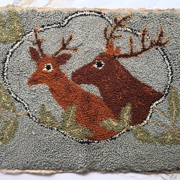 Antique Vintage Two Deer Bucks Nature Wool Tapestry Throw Pillow Mini Rug Unfinished Handhooked Handmade Cabin Cottage