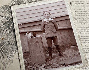 Antique Sepia Mounted Photo Portrait of Little Boy & Bunny Rabbit