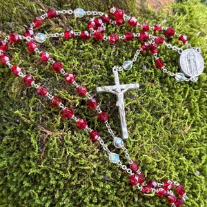Vintage Italian Rosary Red Crystal Bead Silvertone Metal Catholic Religious Italy