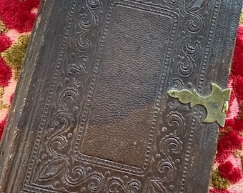 Antique Victorian CDV Photo Portrait Album Brown Embossed Leather Cover w/ Brass Closure Hardware