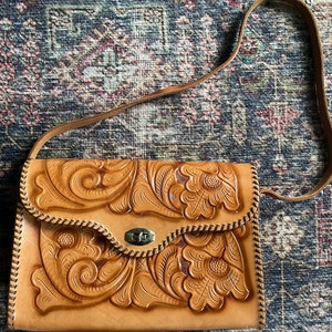 Vintage Tooled Leather Floral Crossbody Purse