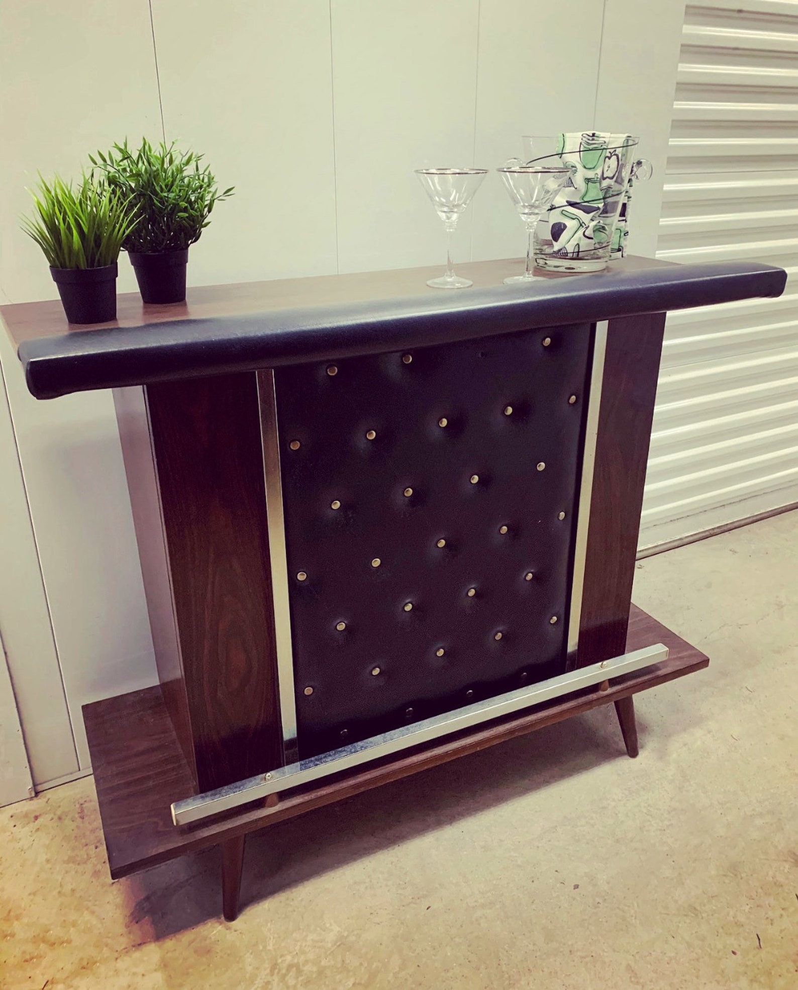Vintage MCM Mid Century Tufted Vinyl & Wood Freestanding Bar Etsy