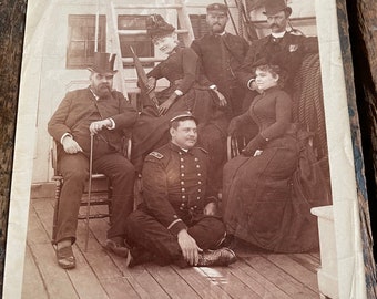 Antique Victorian Photo Portrait Of Ladies Gentlemen and Soldiers on Deck of a Boat