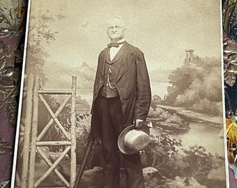 Antique Photo Portrait of Gentleman w/ Hat and Striking Landscape Background