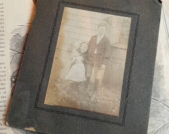 Antique Sepia Haunting Mounted Photo Portrait of Children & Doll