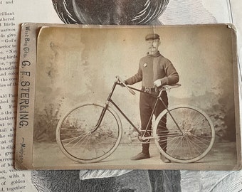 Rare Early Antique Sepia Mounted Photo Portrait Cabinet Card Gentlman Posed w/ Bicycle Cycling Cyclist Bay City Michigan