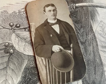 Antique Sepia Rounded Corner Photo Portrait of Victorian Gentleman w/ Hat