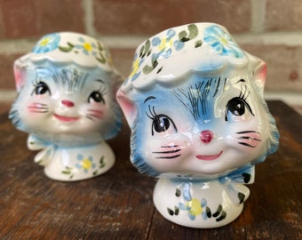Vintage Hand-painted Lefton Miss Priss Kitty Blue Cats Salt & Pepper Shakers - Free US Shipping