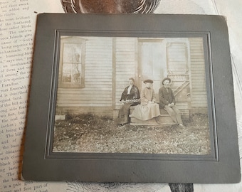 Antique Sepia Mounted Photo Portrait Trio of People Sitting Outside House
