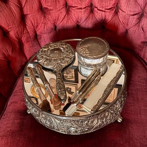 Vintage Silverplated Ornate Footed Platform Mirror Tray or Glass Powder Dish Vanity Set Victorian Style