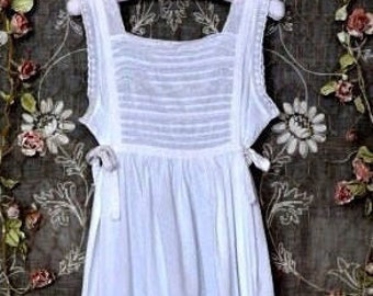 Mina ~ White Cotton Night Dress/ Chemise~ with embroidery & additional side Ties uk - size 12-16