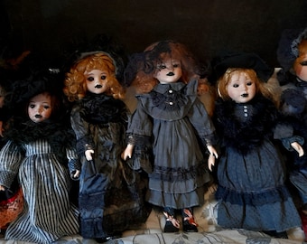 Victorian asylum collection - Gothic hand  painted porcelain dolls with hand made clothes & straitjackets