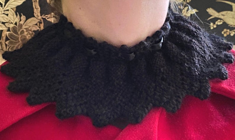 with silk ribbon ties wear - front or back - black,red or blue Victorian Gothic hand knitted collar