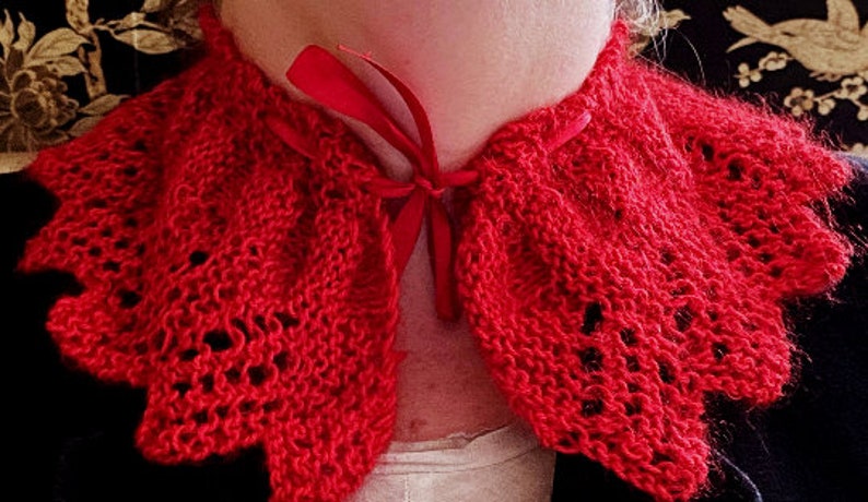 with silk ribbon ties wear - front or back - black,red or blue Victorian Gothic hand knitted collar