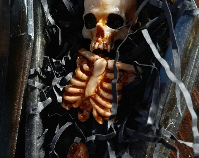 Skeleton brooch set x 3 body pieces: skull, Ribcage & pelvis- arrives in own black coffin gift  box