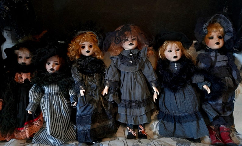 Victorian asylum collection Gothic hand painted porcelain dolls with hand made clothes & straitjackets image 1