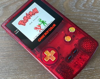 Gameboy Color Custom Backlit IPS XL Clear Red/Gold Opal by 8bitAesthetics
