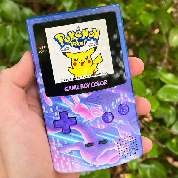 Custom Backlit Nintendo Gameboy Color IPS XL "Artist Series" - Mew/Mewtwo by 8bitAesthetics & Jackie's Gaming Art