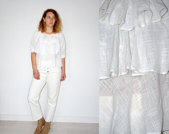 Blusa/top feminino de gaze branca de algodão com babados