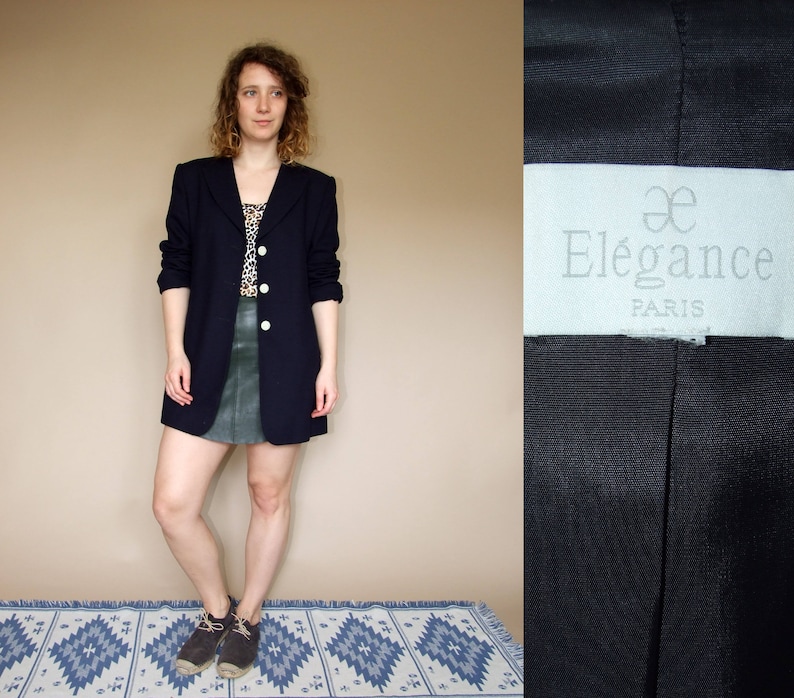 80/'s vintage women/'s dark blue minimal chic Elegance Paris blazer