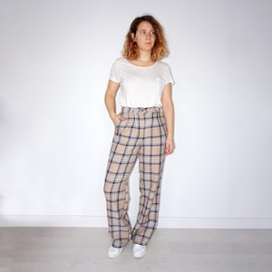 80's vintage women's brown checked high waist wide lag pants/ trouser