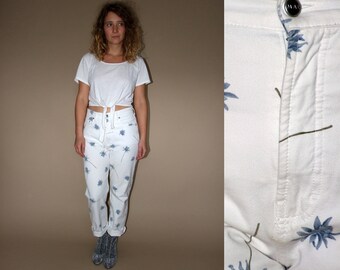 80's vintage women's white high waist flower patterned classic pants/jeans
