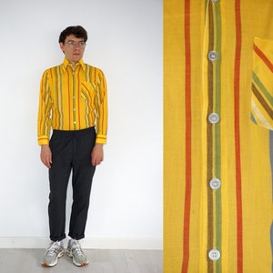 80's vintage men's yellow striped dress shirt