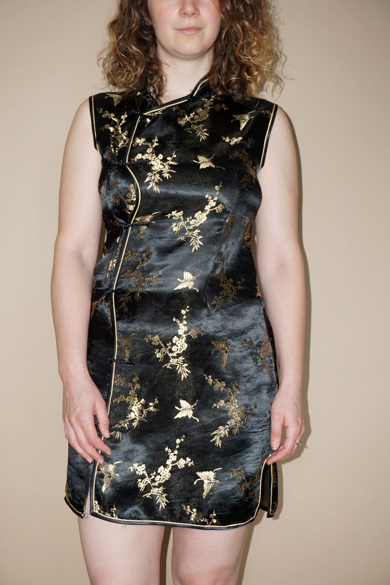 Vintage women/'s black gold Chinese kimono mini floral silk dress