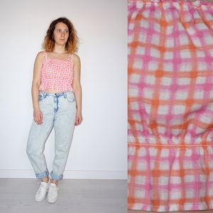 90er Jahre pink orange kariertes Rüschen Top für Frauen