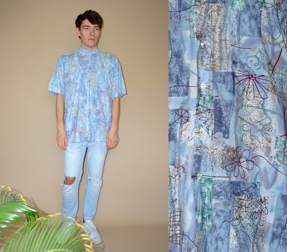 Vintage 80/'s Patterned Blue Blouse