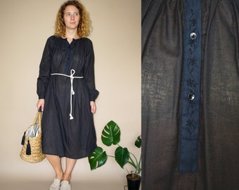 60's vintage women's black cotton One size hippie cotton dress