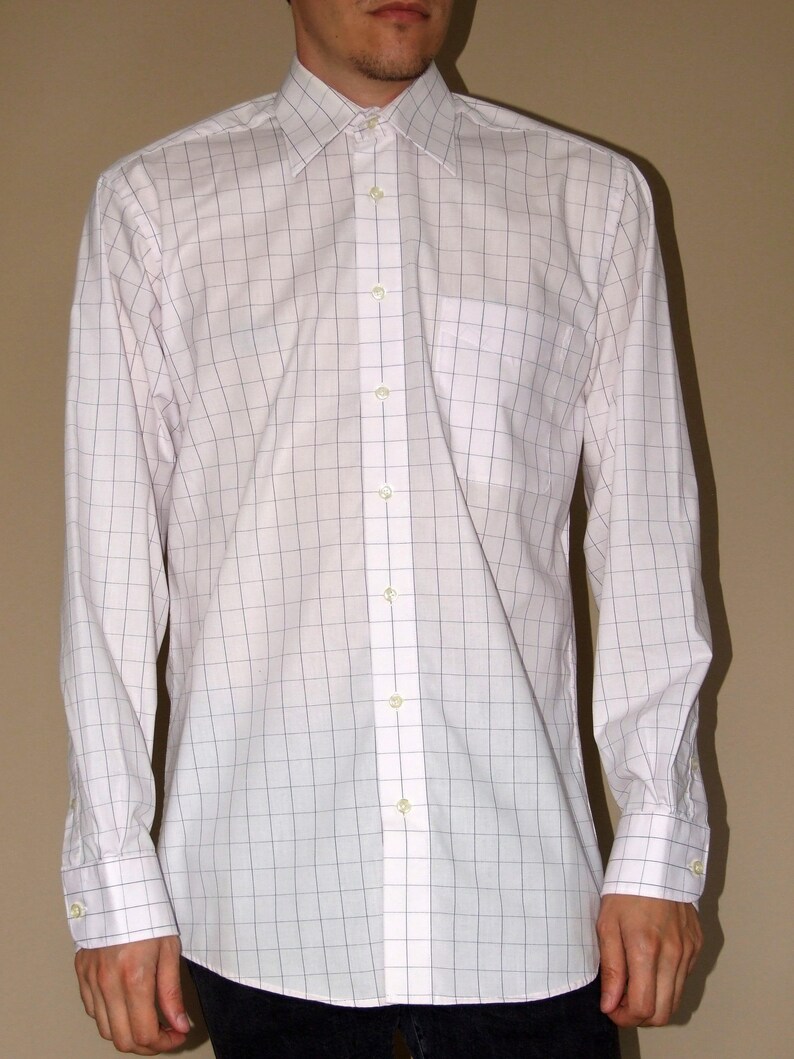 80/'s vintage men/'s light pink checkedgrid patterned long sleeve shirt