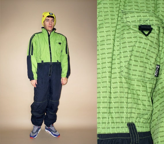 80's vintage green/black one piece winter ski suit
