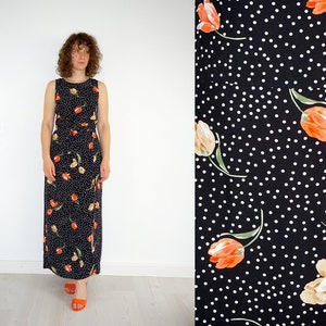 Schwarzes Vintage-Kleid aus Viskose mit Tupfen- und Blumenmuster