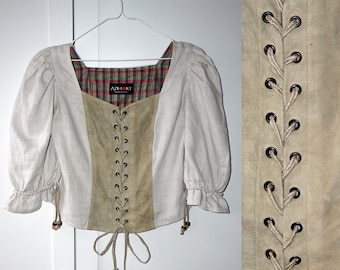 80's women's dirndl linen and leather corset top