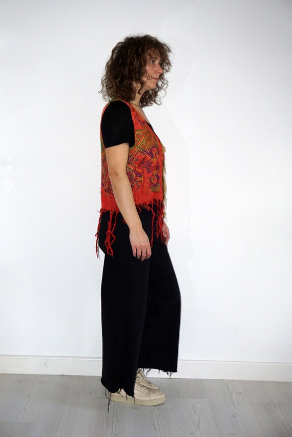 90's red abstract patterned fringed hippi west - image 3