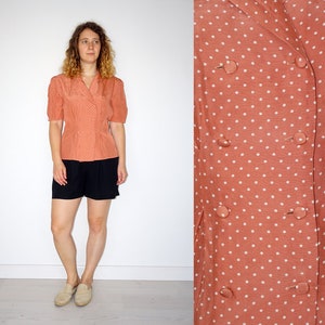 70&#39;s vintage women&#39;s polca dot patterned pink shirt