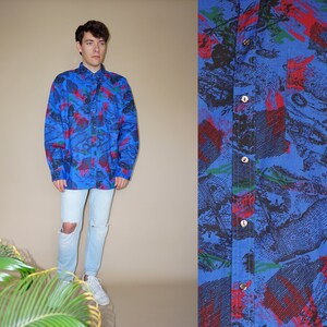 90&#39;s vintage men&#39;s blue abstract printed funky long sleeves shirt