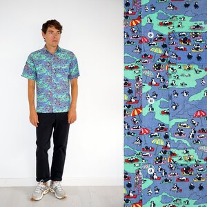 90&#39;s vintage blue penguin patterned men&#39;s shirt