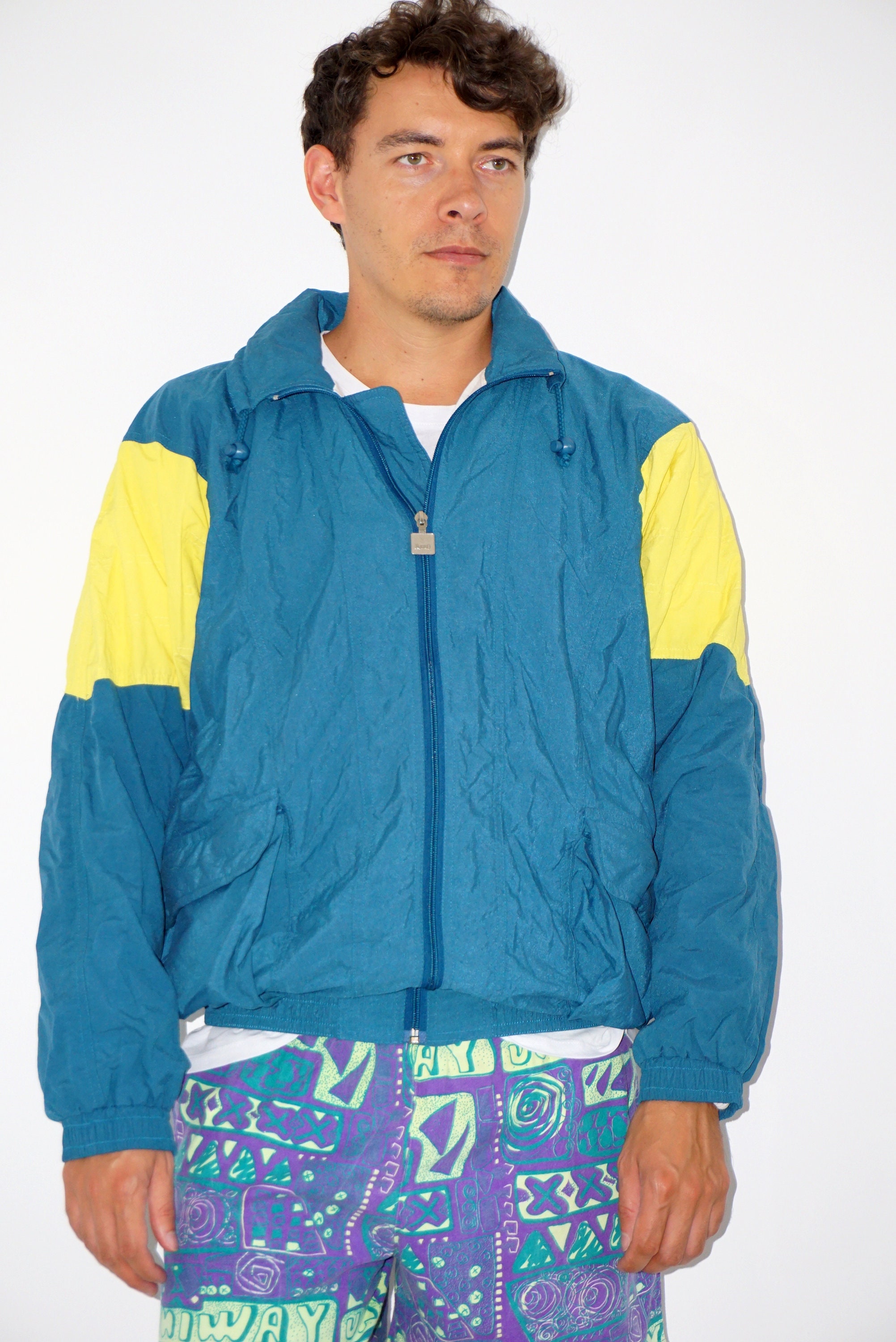 90s‼️ ジップアップジャケット 青/黄 90年代の青と黄色のジップアップウィンドブレーカージャケット - Etsy 日本