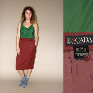 70&#39;s vintage women&#39;s brown high waist pencil wrap Escada wool skirt