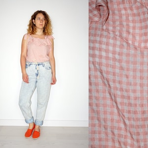 90er Vintage Damen rosa-weiß kariertes Oberteil/Bluse