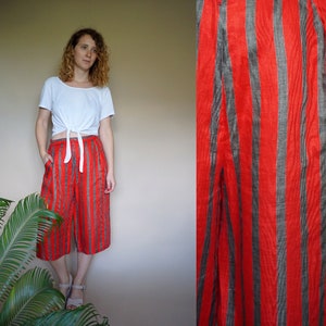 80年代のヴィンテージレディースレッドグレーリネンストライプワイドレッグパンツ